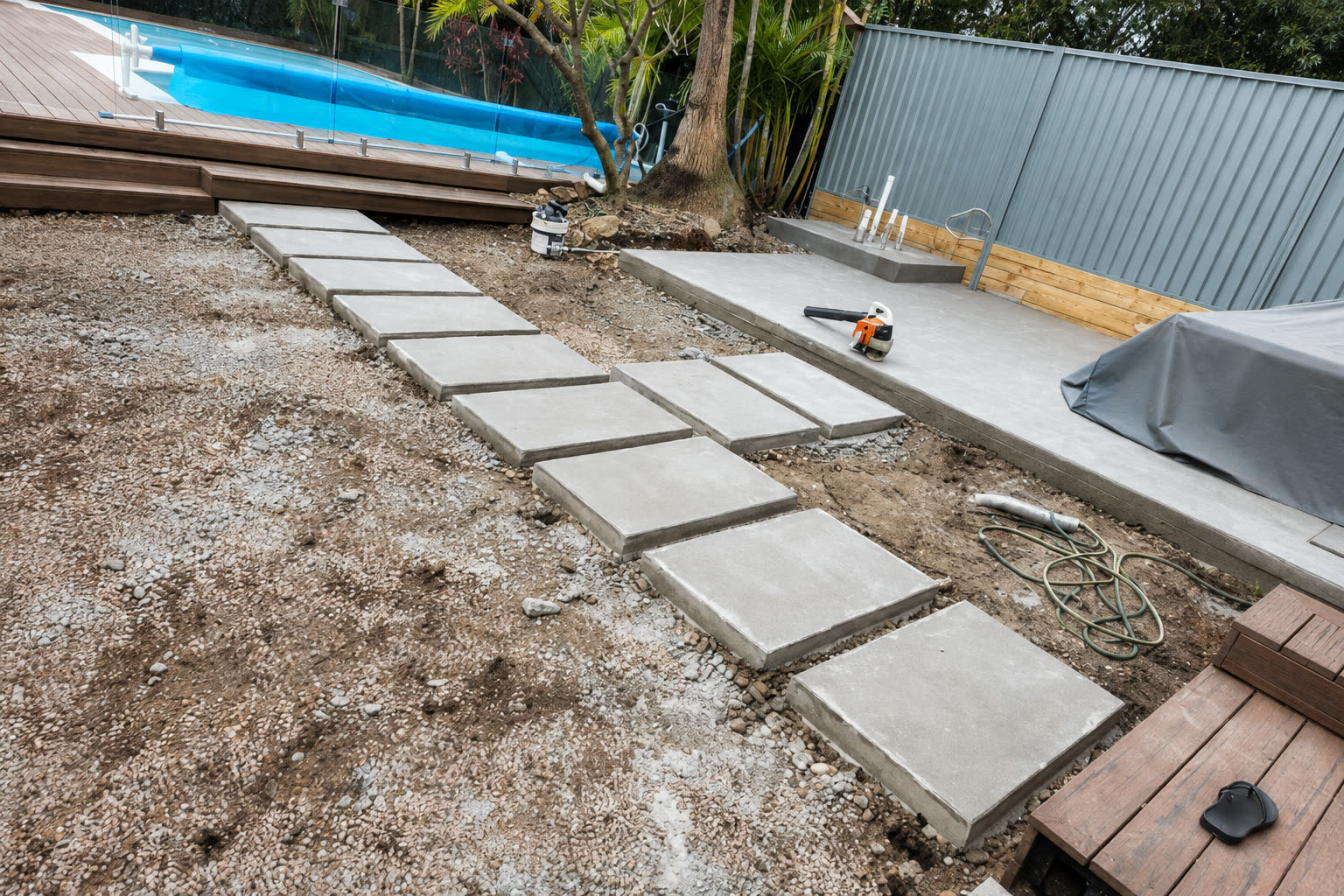 Concrete stepping-stone path in a backyard