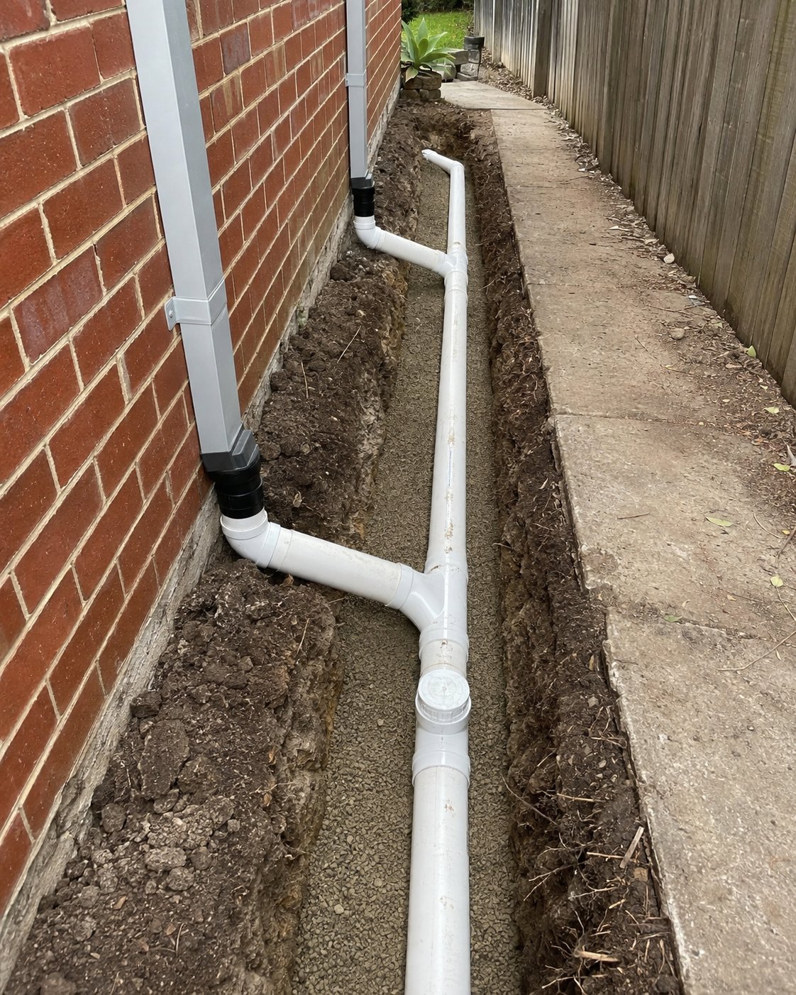 Stormwater drainage pipe trenched alongside a Sydney home